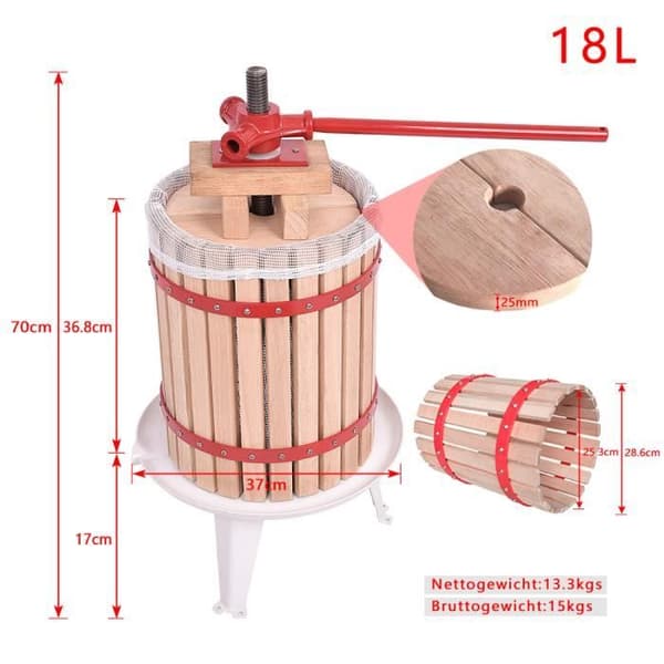 XMTECH Fruktpress, Manuell Citruspress 18 L i Trä, inkl. duk för vinfruktpress ek äppelcider