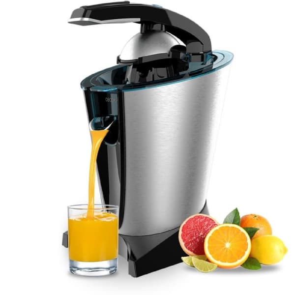 Cecotec Electric juicer with stainless steel lever for oranges and citrus fruits with 600 W of power, stainless steel filter and two removable plasti