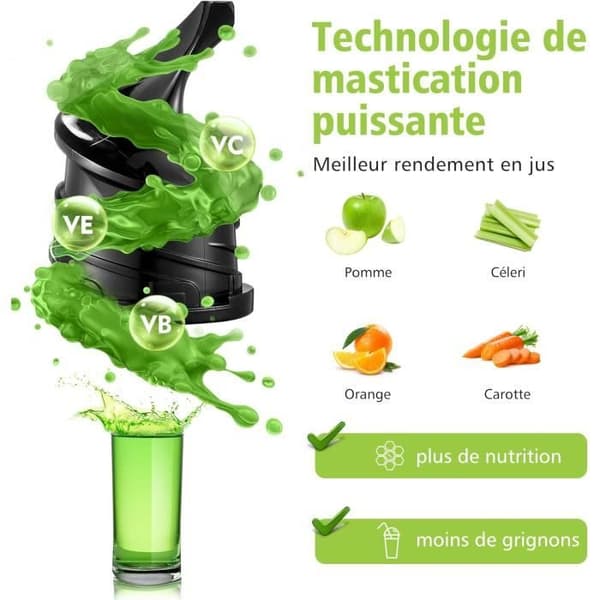 AOBOSI Juice Extractor för Hela Frukter och Grönsaker, Långsam Juicer Kallpress med 80 MM Öppning Omvänd Funktion Motor