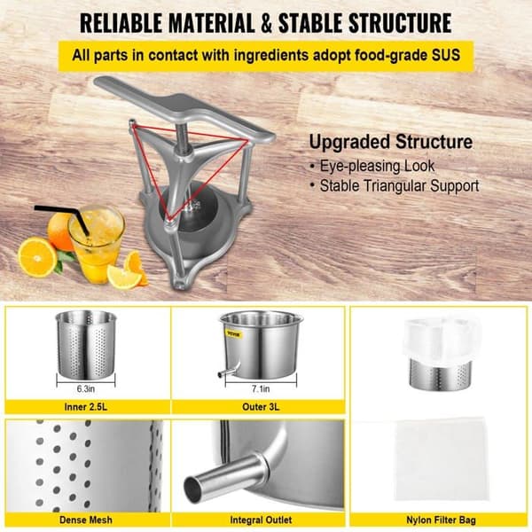 Fruktpress - grönsakspress - Vevor manuell citruspress - DGNSDZZJSILVER3L