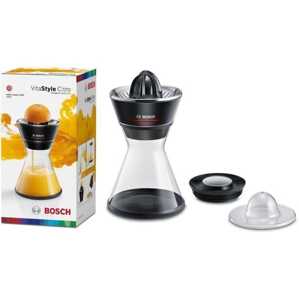 Citruspresser - BOSCH - MCP72GPB VitaStyle Citro - Sort/børstet rustfrit stål - 40 W - LED - Glasbeholder 1 L - universalkegle