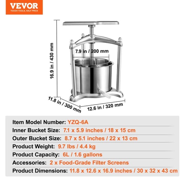 Manuell Fruktvinpress, 6L Kapacitet, Livsmedelsklassat Rostfritt Stål, Lätt att Rengöra,6L 1.6 Gal