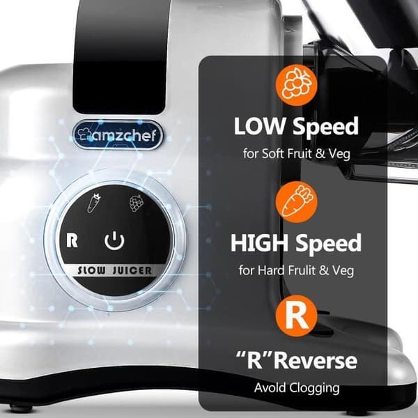 AMZCHEF 80MM Stor Juicepress - Slow Juicer med 2 hastighetsinställningar och återspolningsfunktion - 150 watt juicepress för grönsaker och f