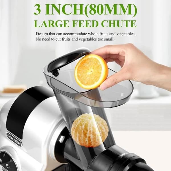AMZCHEF 80MM Stor Juicepress - Slow Juicer med 2 hastighetsinställningar och återspolningsfunktion - 150 watt juicepress för grönsaker och f