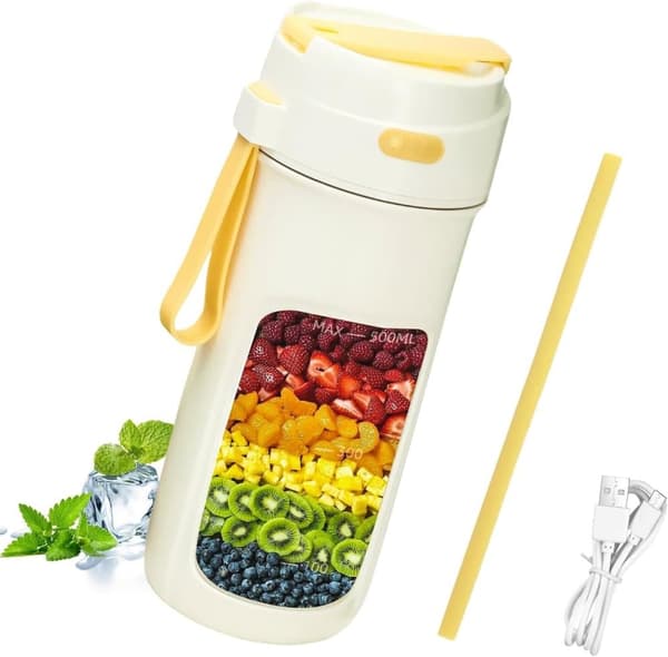 OBOSOE Bærbar genopladelig elektrisk juice mixer flaske, med 6 rustfrit stål blade og 500 ml halm, mini aftagelig juice mixer til Hjem