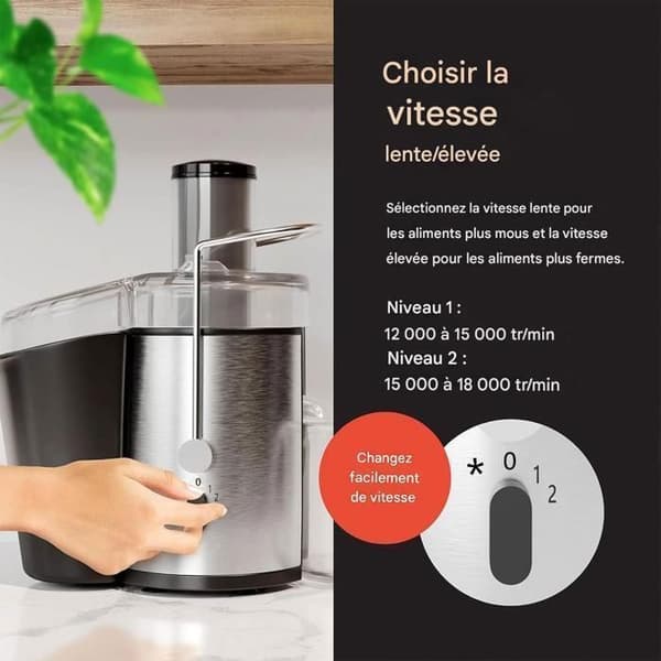 Centrifugjuicepress - Centrifugjuice för frukt och grönsaker - 450W - 1,2 L och 500 ml - 70 MM Bred öppning - 2 hastigheter