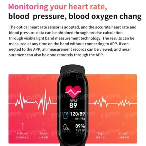 M6 klockor (svart) - M6 Smartwatch för män och kvinnor, sportarmband, Bluetooth, pulsmätare