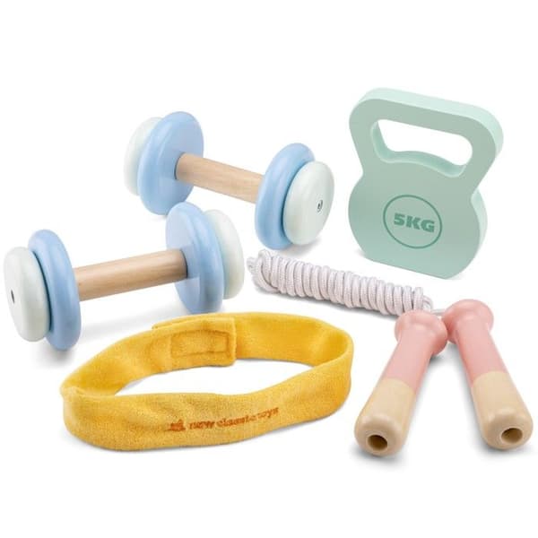 Fitnessset i trä - New Classic Toys - 3 år - 2 hantlar - Kettlebell - Hopprep