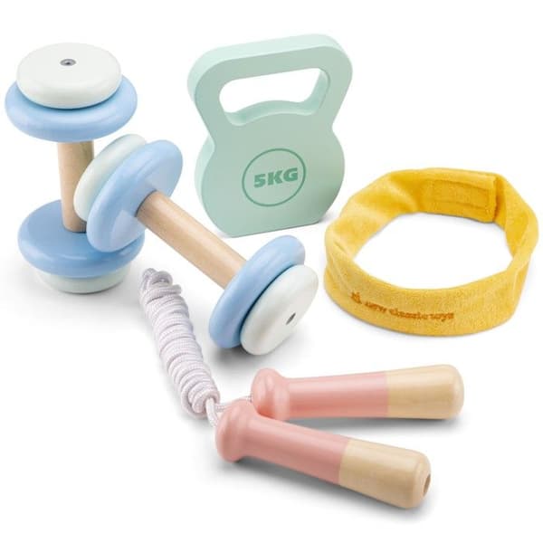 Fitnessset i trä - New Classic Toys - 3 år - 2 hantlar - Kettlebell - Hopprep