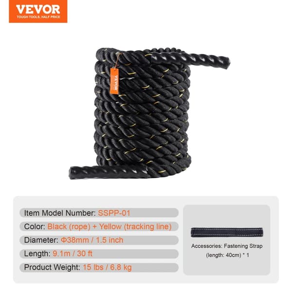 Battle Rope, 1,5 tum diameter, 30 fot längd, ultrahållbart material,Gul Svart 1.5in
