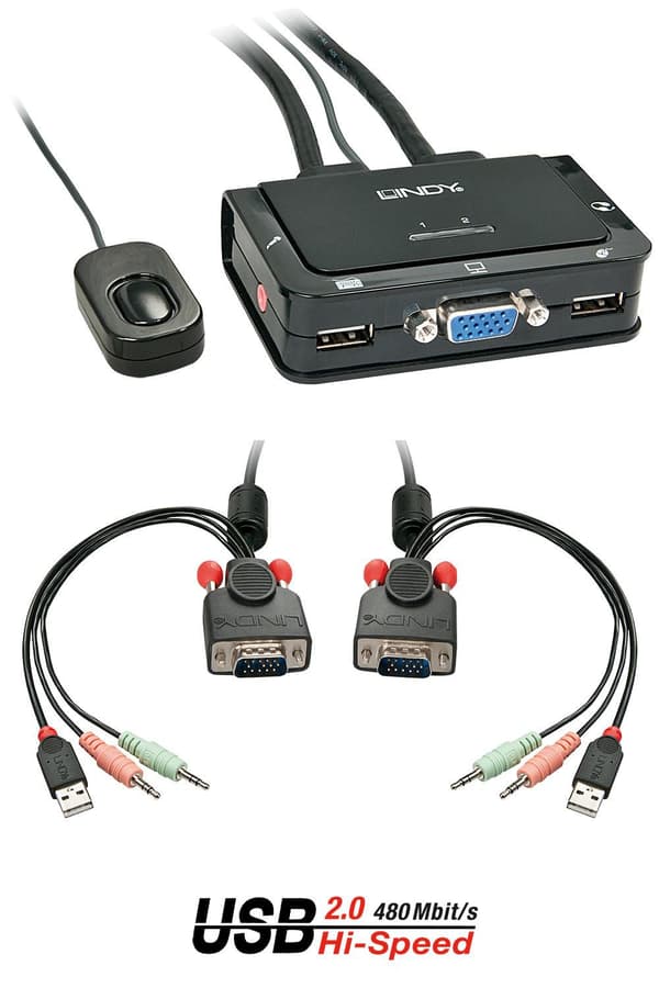 Lindy KVM-switch VGA USB 2.0 Ljud 2-portars RWP09U56BL, 42342 Svart