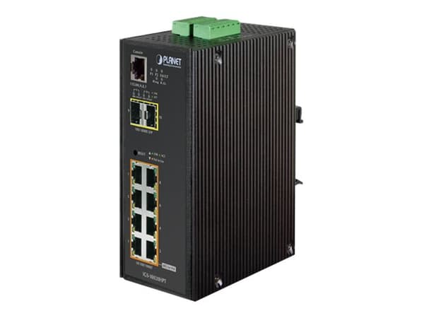 PLANET IGS-10020HPT - Switch - L2+ - Administrerad - 8 x 10/100/1000 (PoE+) + 2 x Gigabit SFP - DIN-skenmonterbar, väggmonterbar - PoE+ (270 W) - Lik Svart, Vit