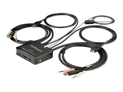 StarTech.com 2 Port HDMI KVM Switch, 4K 60Hz, Compact Dual Port UHD/Ultra HD USB Desktop KVM Switch with Integrated 4ft Cables & Audio, Bus Powered & Sort