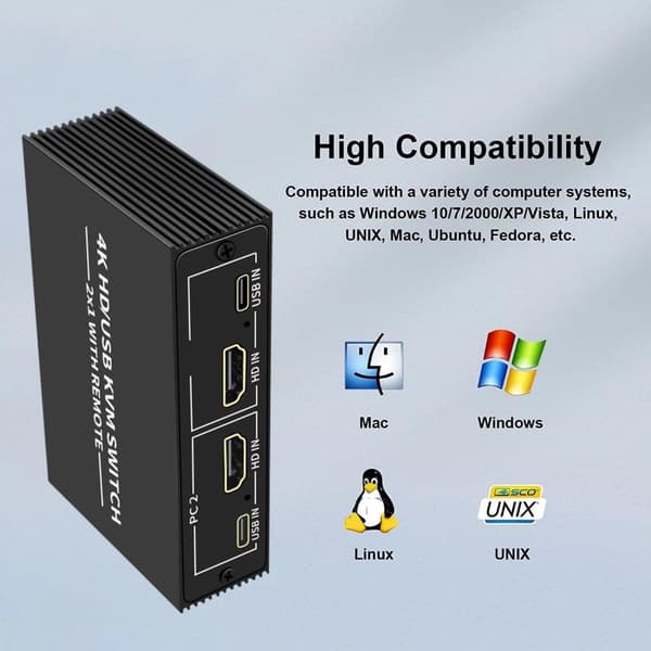 NÖRDIC KVM Switch 2 PC to 1 HDMI 2.0 and 4xUSB for Xbox, PS5, Laptop