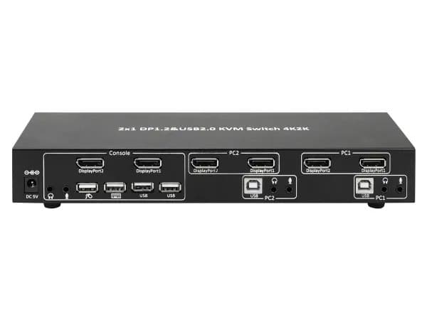 TECHly 2-Port DisplayPort1.2 Dual-Monitor KVM Switch - KVM / lyd / USB-svitsj - 2 x KVM/lyd - 1 lokalbruker - stasjonær