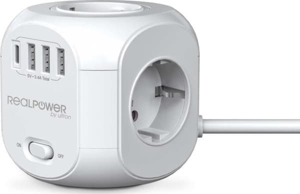 RealPower PowerBox 431 pistorasiakuutio USB:llä ja USB C:llä varustettuna