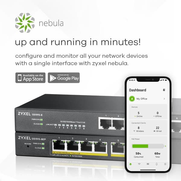 Zyxel GS1915 Series GS1915-8EP - Switch - NebulaFLEX-kompatibel - Smart - 8 x 10/100/1000 (PoE+) - Desktop, väggmonterbar - PoE+ (60W)