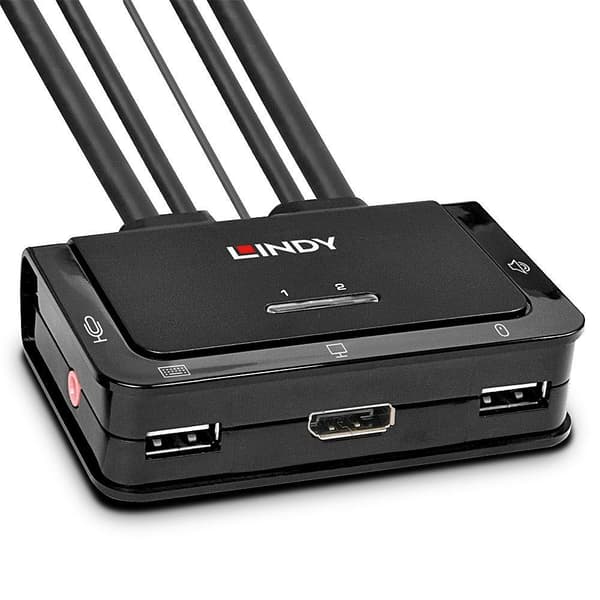 Lindy 2-porttinen DisplayPort 1.2, USB 2.0 ja äänikaapeli KVM-kytkin Vaihto 2 tietokoneen välillä DisplayPort-liitännällä yhdellä näppäimistöllä, hiir musta