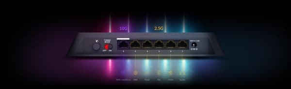 D-Link DMS-106XT 6-porttinen Multi-Gigabit Unmanaged Switch (5 x 2,5 Gigabit Ethernet, 1 x 10 Gigabit Ethernet, RGB-valaistus, alumiinikotelo, tuulett