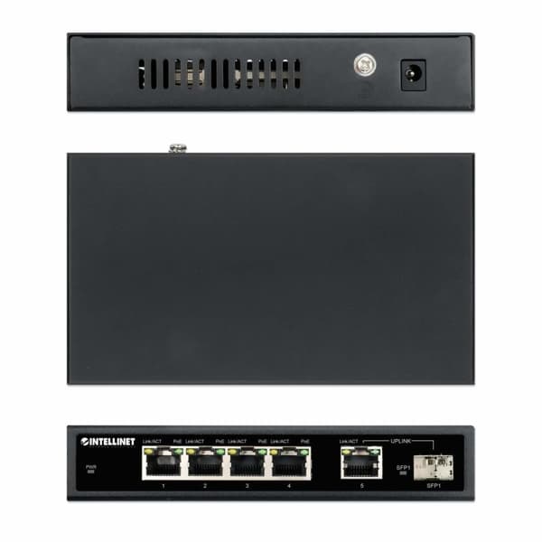 Intellinet – Kytkin – 4 x 10/100/1000 (PoE+) + 1 x Combo Gigabit SFP/RJ-45 (uplink) – Pöytäkone – PoE+ (91 W) (561822)