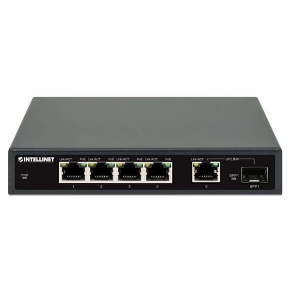 Intellinet – Kytkin – 4 x 10/100/1000 (PoE+) + 1 x Combo Gigabit SFP/RJ-45 (uplink) – Pöytäkone – PoE+ (91 W) (561822)