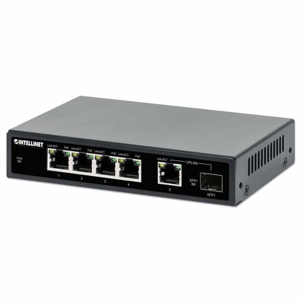 Intellinet – Kytkin – 4 x 10/100/1000 (PoE+) + 1 x Combo Gigabit SFP/RJ-45 (uplink) – Pöytäkone – PoE+ (91 W) (561822)