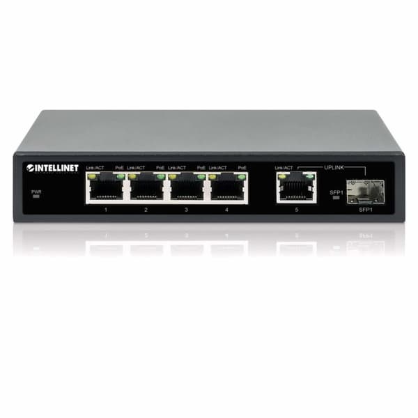 Intellinet – Kytkin – 4 x 10/100/1000 (PoE+) + 1 x Combo Gigabit SFP/RJ-45 (uplink) – Pöytäkone – PoE+ (91 W) (561822)