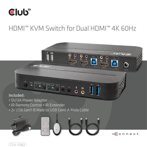 Club 3D CSV-1382 - KVM/Audio-kytkin - 2 x KVM/Audio - 1 paikallinen käyttäjä - pöytäkone - AC