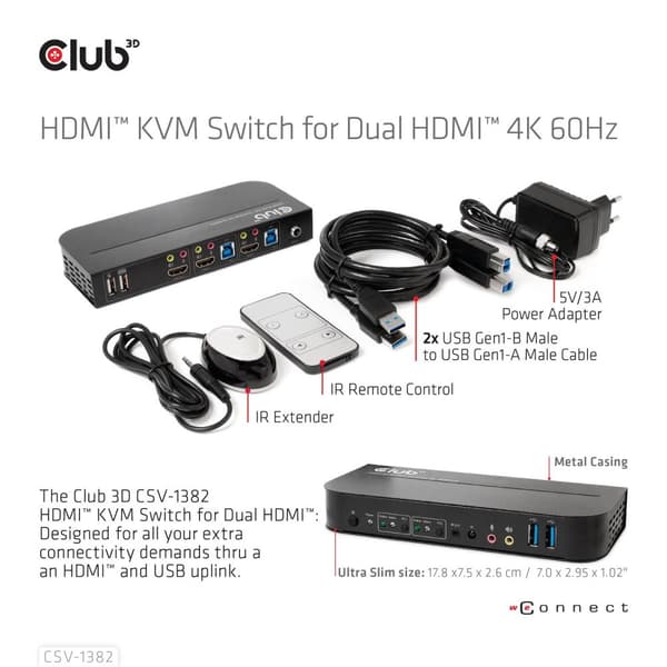 Club 3D CSV-1382 - KVM/Audio-kytkin - 2 x KVM/Audio - 1 paikallinen käyttäjä - pöytäkone - AC
