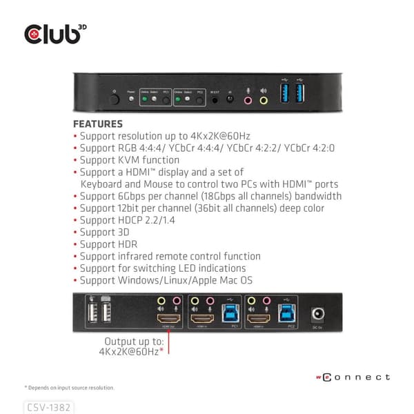 Club 3D CSV-1382 - KVM/Audio-kytkin - 2 x KVM/Audio - 1 paikallinen käyttäjä - pöytäkone - AC