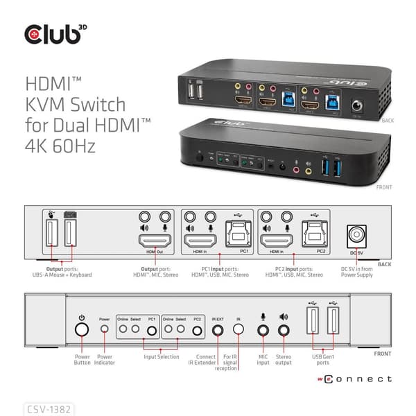 Club 3D CSV-1382 - KVM/Audio-kytkin - 2 x KVM/Audio - 1 paikallinen käyttäjä - pöytäkone - AC