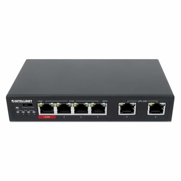 Intellinet - Switch - 3 x 10/100 (PoE+) + 1 x 10/100 (Hi-PoE) + 2 x 10/100 (Uplink) - Desktop - Hög PoE / PoE+ (65 W)