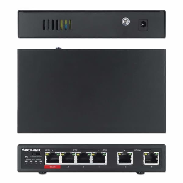 Intellinet - Switch - 3 x 10/100 (PoE+) + 1 x 10/100 (Hi-PoE) + 2 x 10/100 (Uplink) - Desktop - Hög PoE / PoE+ (65 W)
