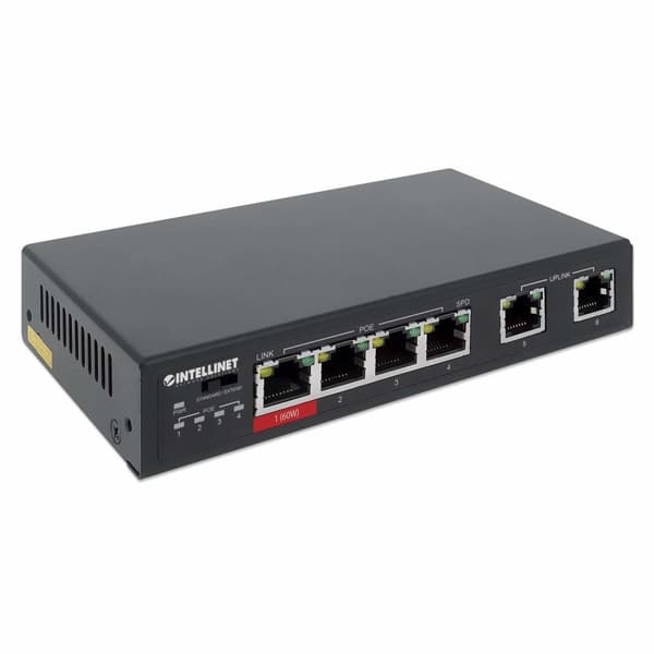 Intellinet - Switch - 3 x 10/100 (PoE+) + 1 x 10/100 (Hi-PoE) + 2 x 10/100 (Uplink) - Desktop - Hög PoE / PoE+ (65 W)