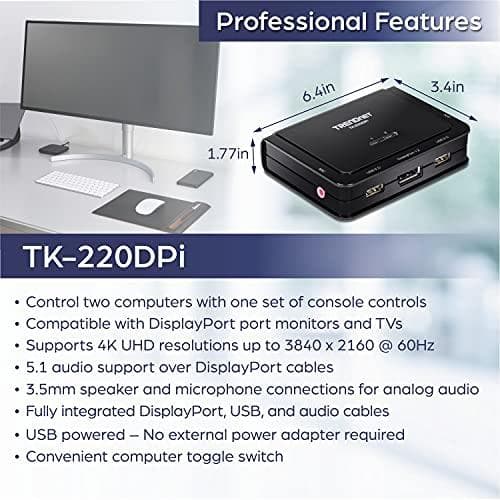 TRENDnet TK-220DPI 2-portars 4K DisplayPort 1,2 KVM-switch med ljud, 4K UHD (3840 x 2160@60Hz), 3,5 mm högtalare/mikrofon, USB 2.0, integrerade kablar