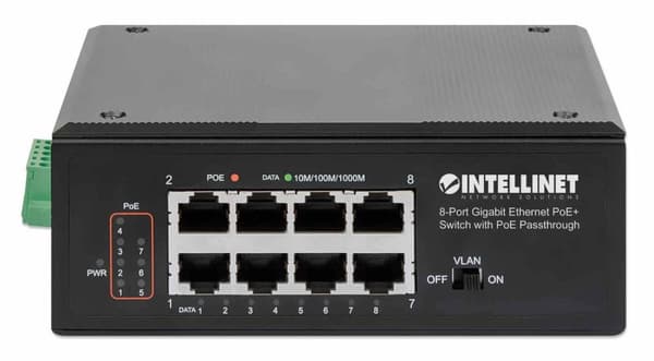 Intellinet IPS-08G-95W 8-portars Gigabit Ethernet PoE+-switch med PoE-genomgång - Switch - ohanterad - 8 x 10/100/1000 (PoE+) - Monterbar på DIN-skena