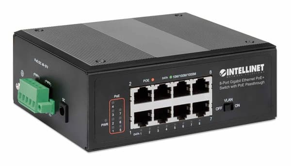 Intellinet IPS-08G-95W 8-portars Gigabit Ethernet PoE+-switch med PoE-genomgång - Switch - ohanterad - 8 x 10/100/1000 (PoE+) - Monterbar på DIN-skena