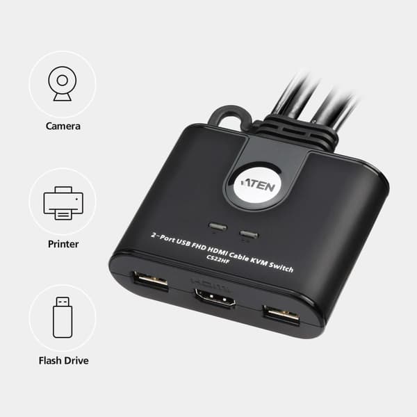 ATEN 2-portars USB FHD HDMI-kabel KVM-switch - 1920 x 1200 pixlar - Full HD - 1 518 W - Svart (CS22HF-AT)