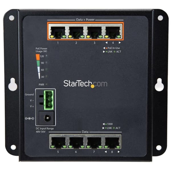 StarTech.com 8-portar (4 PoE+) Gigabit Ethernet-switch - Managed - Väggfäste med frontaccess - Switch - Managed - 4 x 10/100/1000 + 4 x 10/100/1000 (P