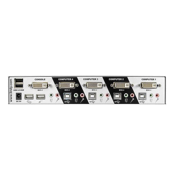 LINDY 39337 4-porttinen DVI-I Single Link, USB 2.0 & Audio KVM Switch Pro, hopea