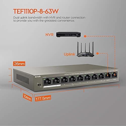 Tenda TEF1110P-8-63W nätverksswitch Obemannad Fast Ethernet (10/100) Power over Ethernet (PoE) Svart