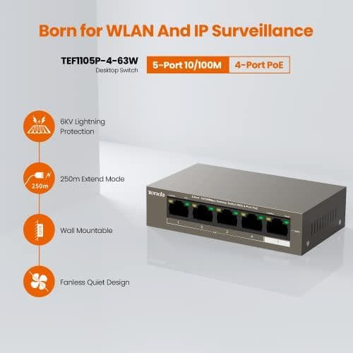 Tenda TEF1105P-4-63W-EU nätverksswitch Fast Ethernet (10/100) Power over Ethernet (PoE) Svart