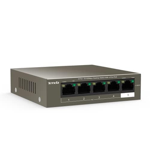 Tenda TEF1105P-4-63W-EU nätverksswitch Fast Ethernet (10/100) Power over Ethernet (PoE) Svart Grå