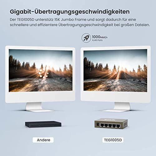 Tenda TEG1005D -verkkokytkin, hallitsematon gigabitin Ethernet (10/100/1000), harmaa