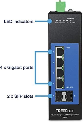 TRENDnet TI-G642i 6-porttinen hallittu DIN-kiskon L2 teollisuusgigabitin kytkin, 4 gigabitin porttia, 2 SFP-paikkaa, IP30, Vlan, Qos, Lacp, STP/Rstp,
