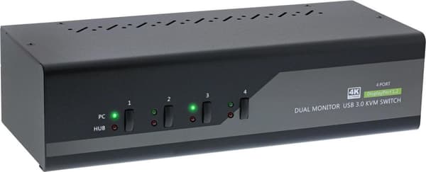 InLine KVM -työpöytäkytkin - 4-suuntainen - Dual-Monitor DP 1.2 - 4K - USB 3.0 - Audio (63654I) musta, Harmaa