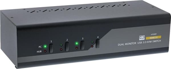 InLine KVM -pöytäkytkin - 4-suuntainen - kaksoisnäyttö - HDMI - 4K - USB 3.0 - Audio (62654I) musta, Harmaa