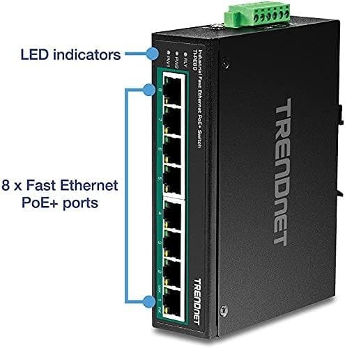 TRENDnet TI-PE80 - Teollisuus - Kytkin - 8 x 10/100 (PoE+) - DIN-kiskoon kiinnitettävä, seinäasennus - PoE+ (200 W) - Tasavirta