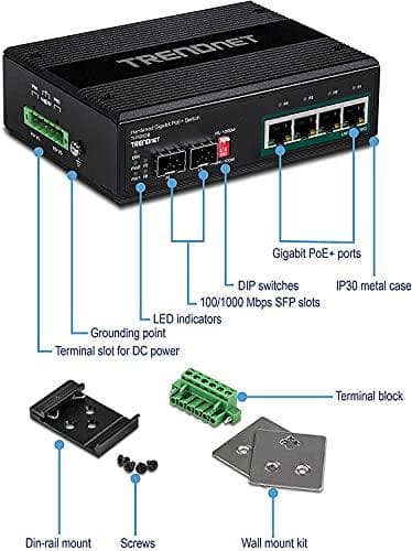 TRENDnet TI-PG62B - switch - ohanterad - 4 x 10/100/1000 (PoE+) + 2 x Gigabit SFP - DIN-skena monteringsbar, väggmonterbar - PoE+ (120W) - DC (TI-PG62