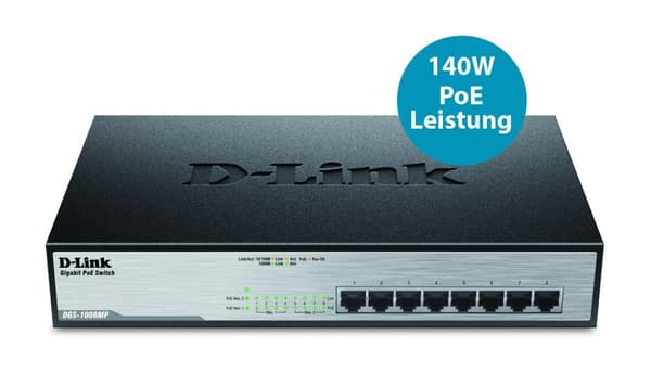 D-Link DGS-1008MP 8-portars Gigabit-switch för stationär dator (8 x 10/100/1000 BASE-T-portar, stöder PoE+)